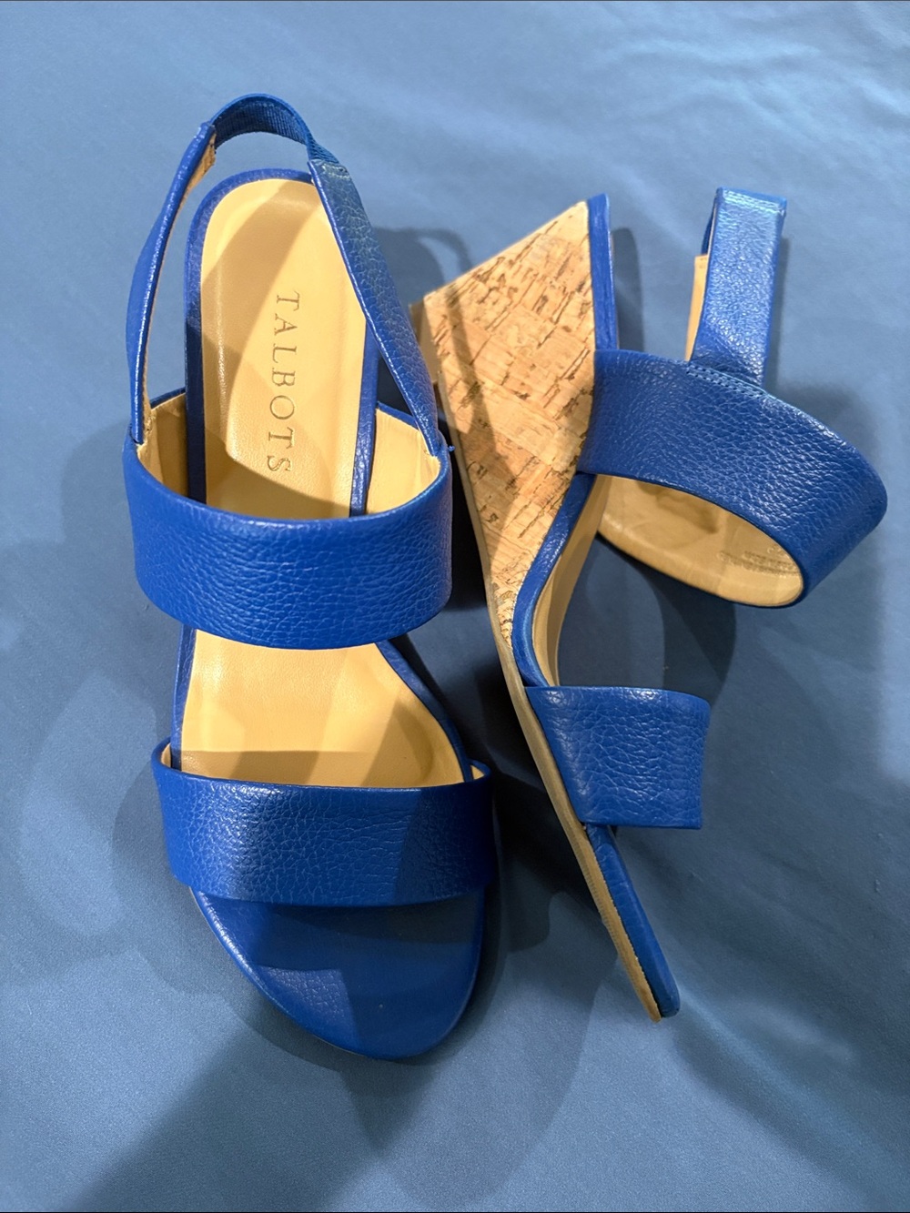 Talbots Cobalt Blue Leather Cork Wedge Sandals